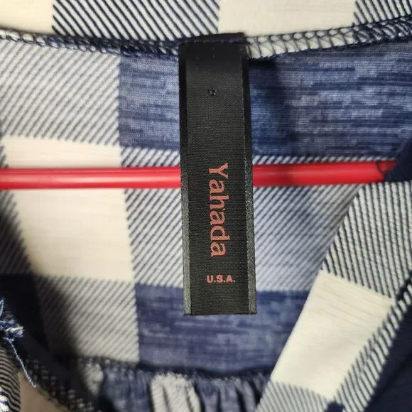 Yahata Women’s Plaid Tunic Dress Blue Red White Button Cuff V-Neck Size L - Picture 3 of 10